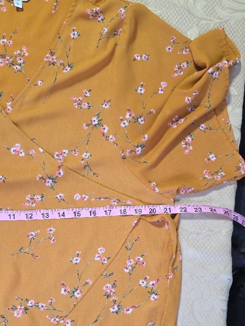 Express Mustard Floral Side-Tie Wrap Top Size L - Picture 11 of 12